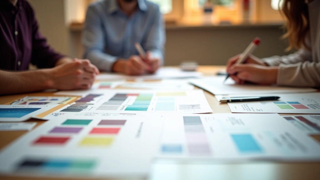 Processo de estratégia de marca com amostras de cores e tipografia