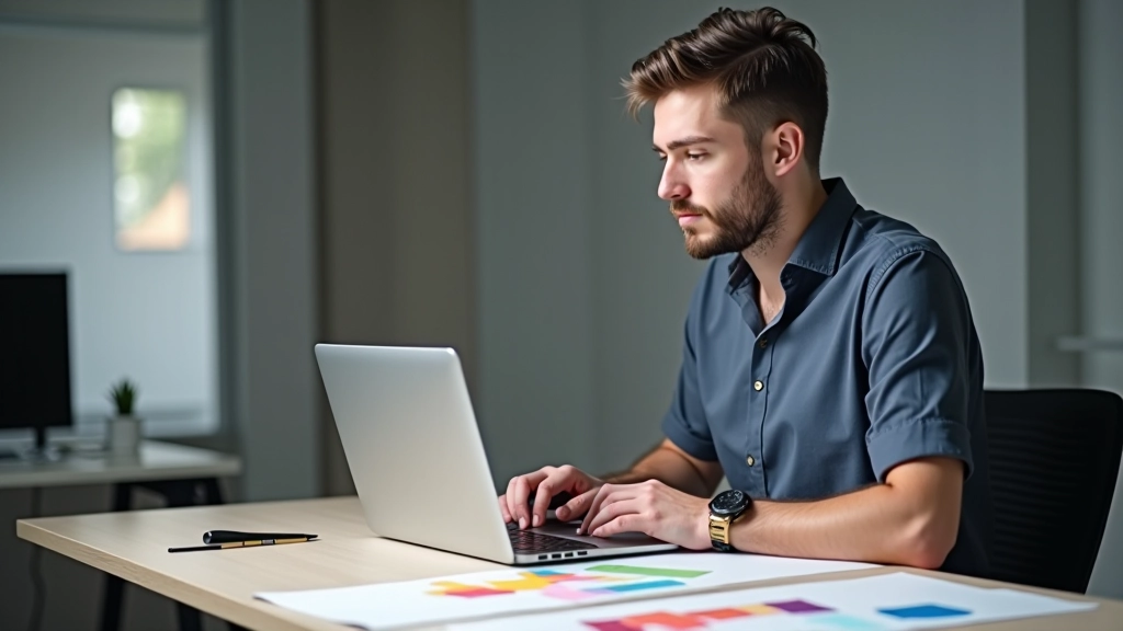Profissional de design trabalhando com paleta de cores em monitor de computador, vários elementos de marca visíveis no fundo