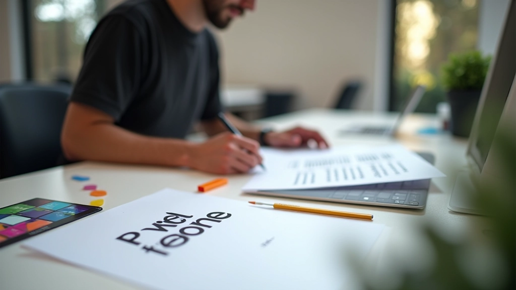 Profissional a trabalhar num documento de guia de marca com régua de cores e amostras de tipografia à vista