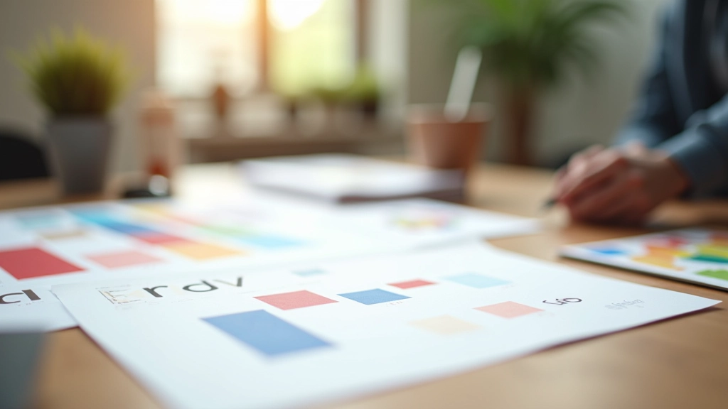 Espaço de trabalho profissional com amostras de cores, tipografia e sketches de branding