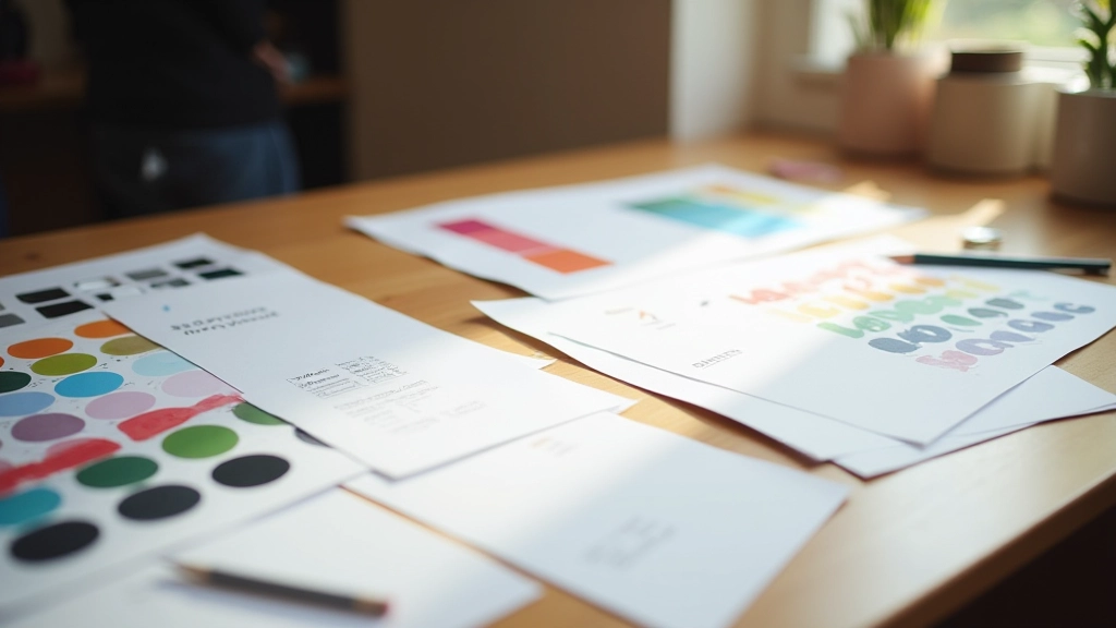 Mesa de design com amostras de cores, tipografia impressa e sketches de logótipos