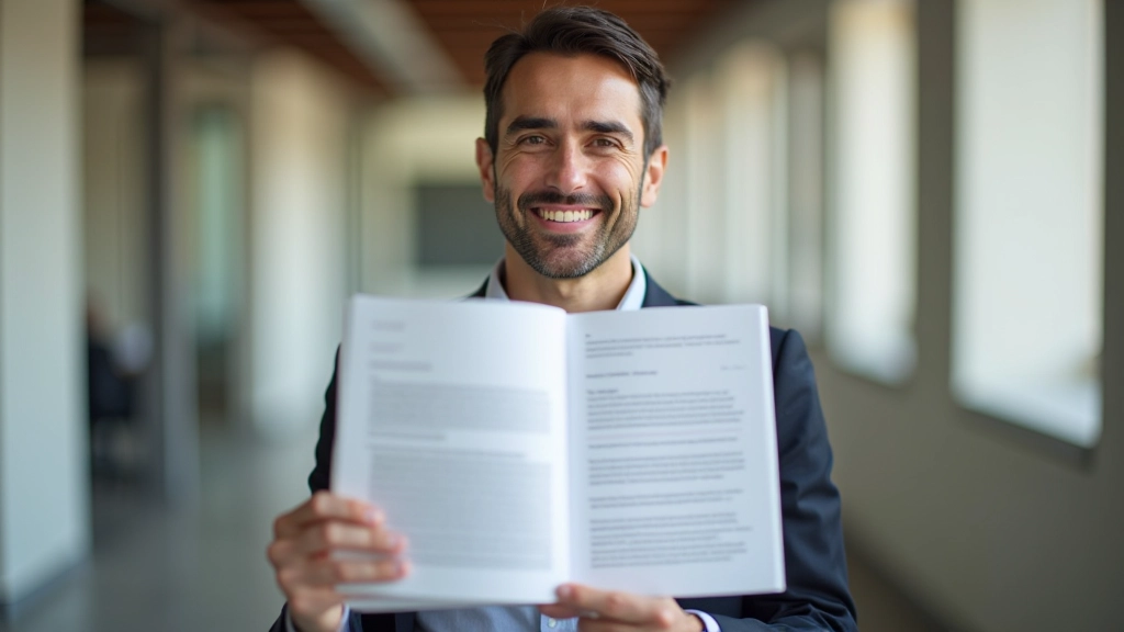 Pessoa satisfeita segurando um guia de marca impresso bem estruturado e organizado, representando o resultado final de um processo de marca bem feito